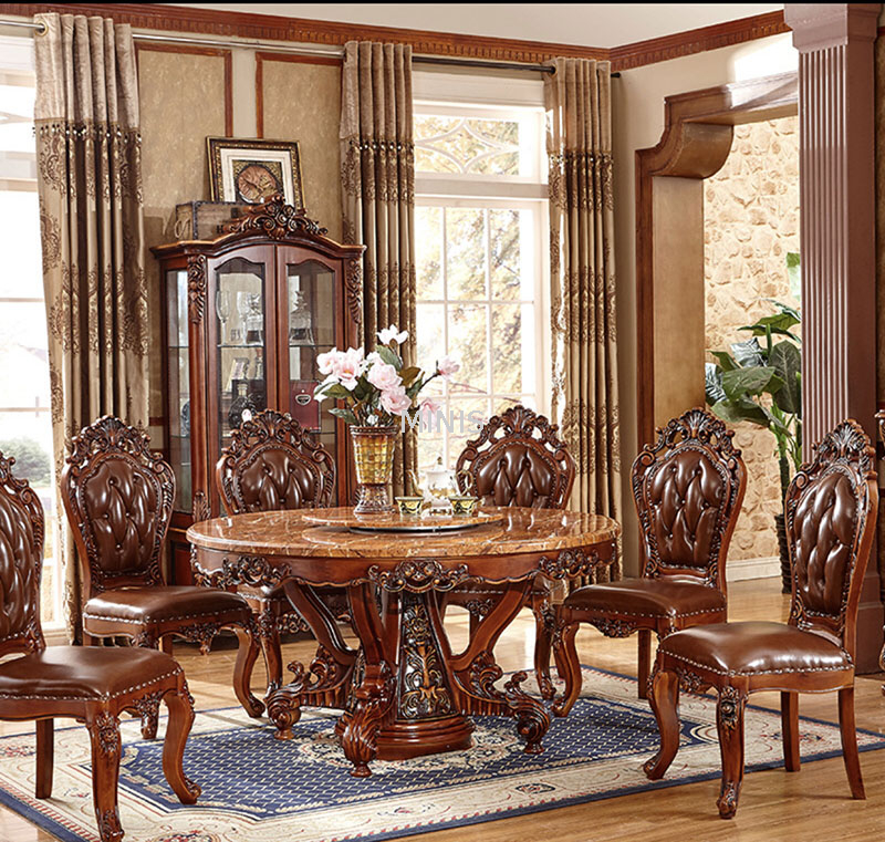 Table de salle à manger ronde vintage en bois de chêne marron et marbre avec tapis